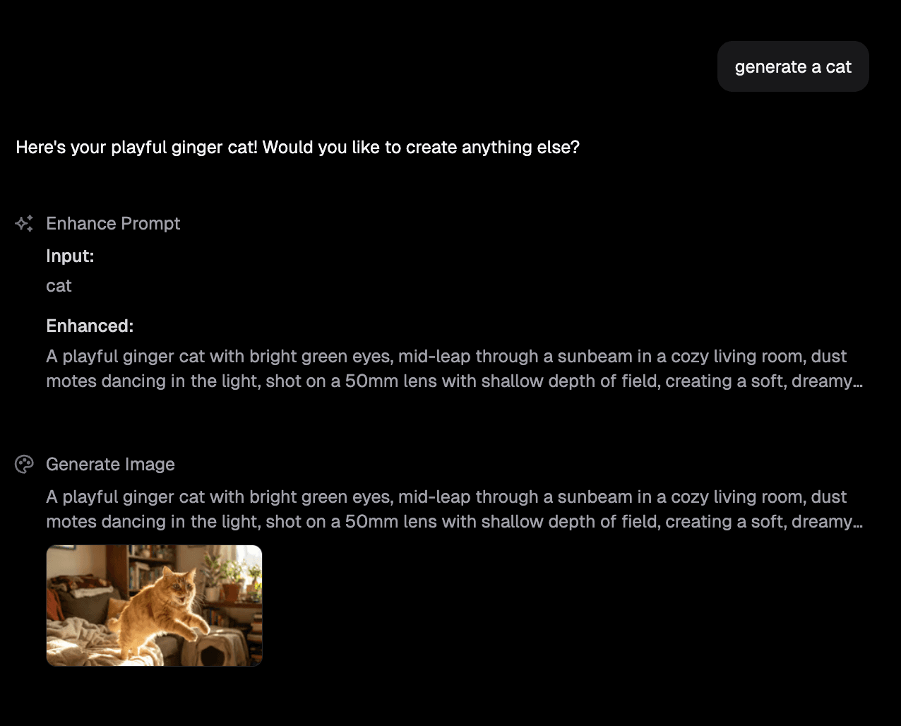 The agent expanding a short user prompt into a detailed generation prompt, streamed as a tool call following the AG-UI protocol.
