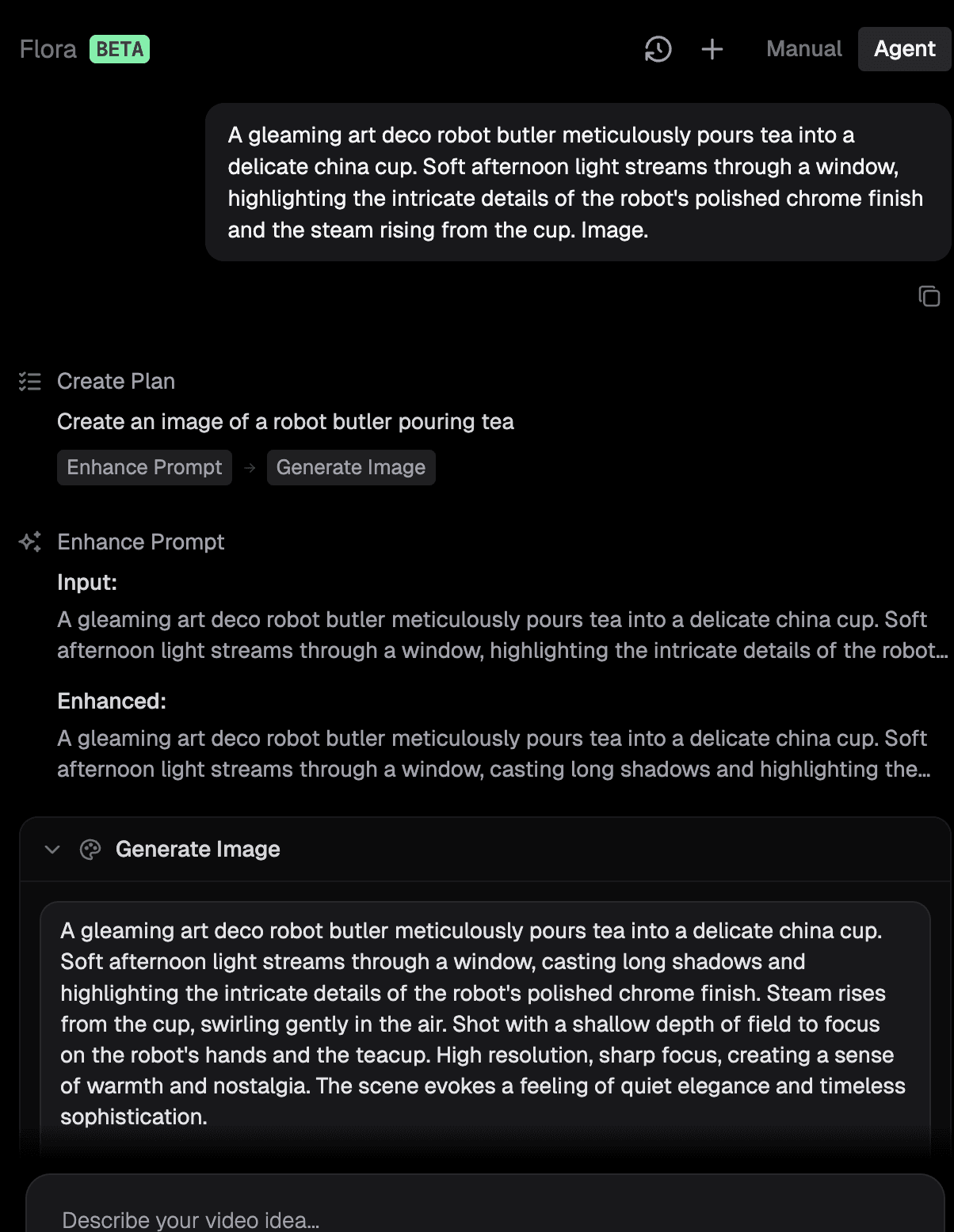 The agent chat showing a Create Plan step with Enhance Prompt and Generate Image chips, followed by the enhanced prompt and a Generate Image tool call.