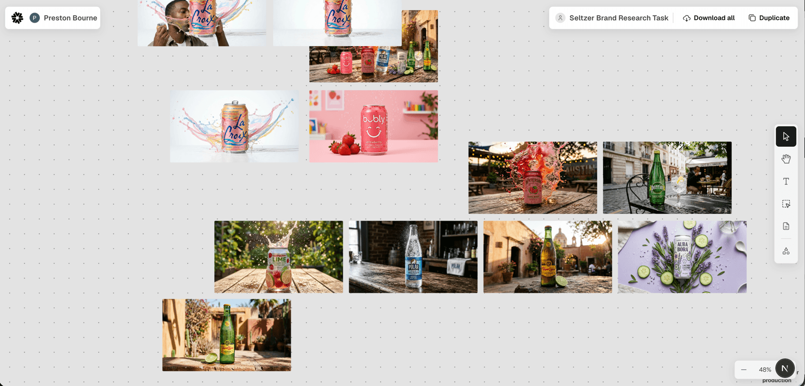 A publicly shared space viewed through the read-only canvas viewer, a brand research task with generated product imagery arranged on an infinite canvas.