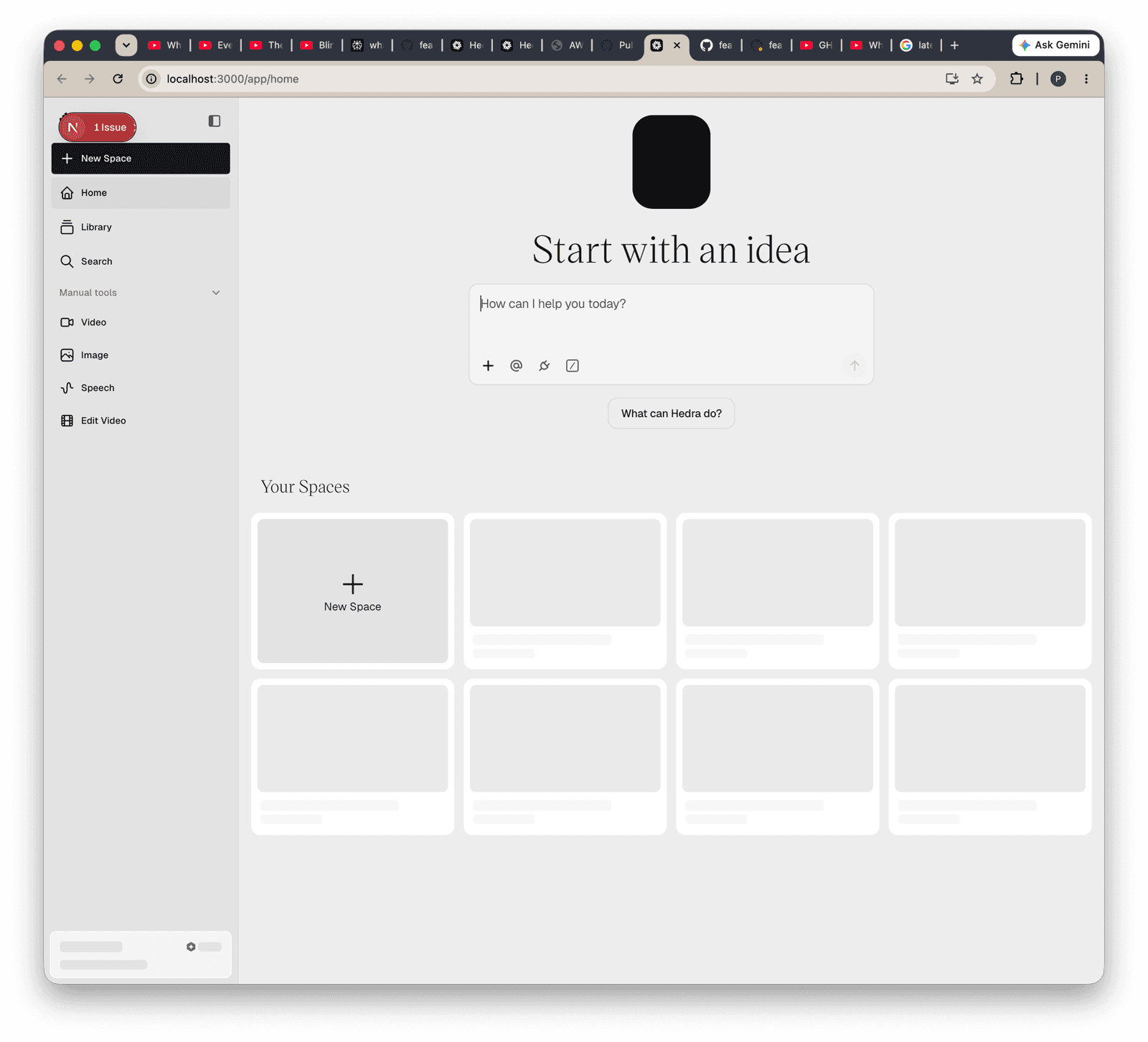 The Hedra home page in light mode, a prompt box reading Start with an idea above a grid of space cards with loading skeletons.