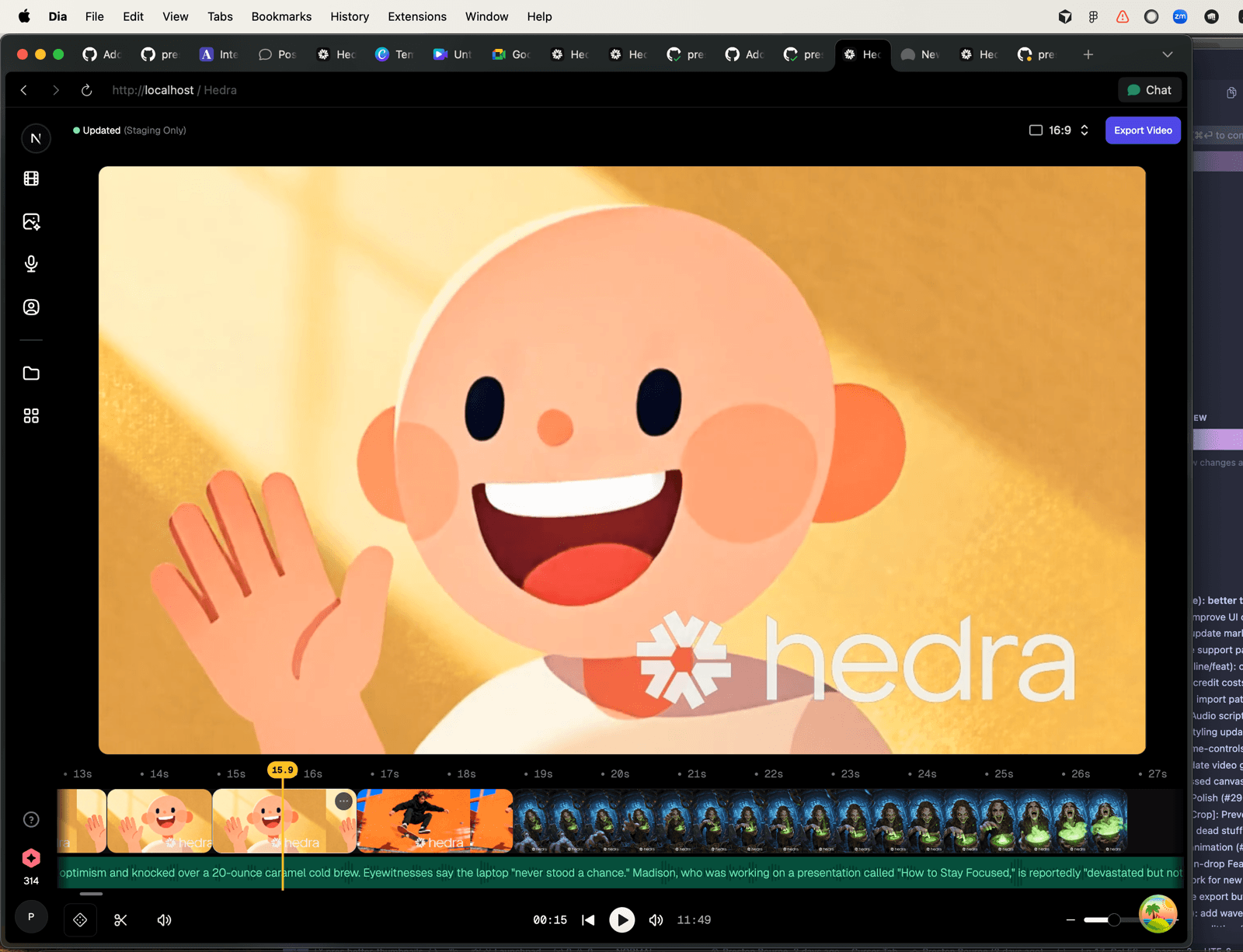 The composer timeline after the thumbnail pass, filmstrip thumbnails are crisp with correct aspect ratios.