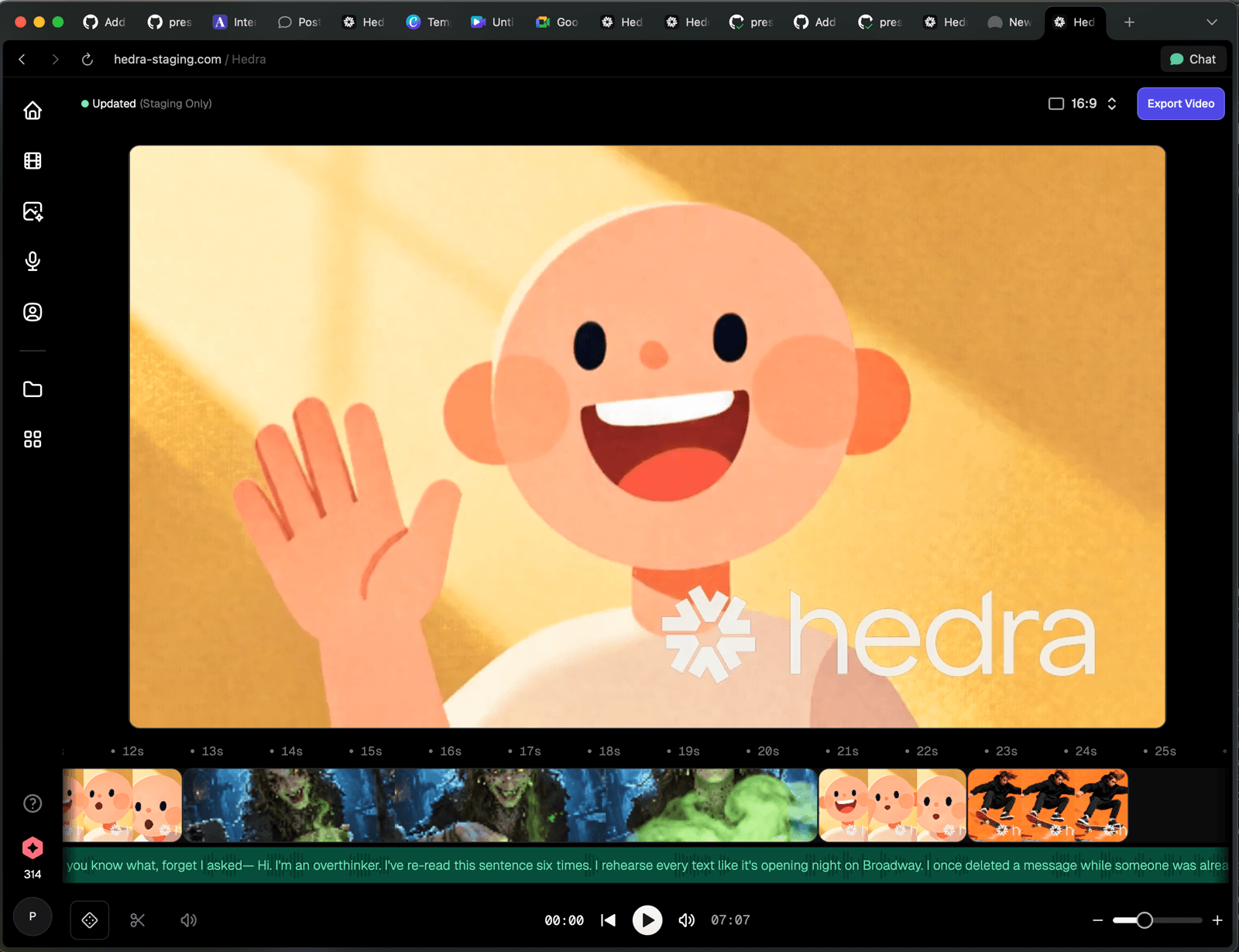 The composer timeline before the thumbnail pass, filmstrip thumbnails are stretched and blurry.