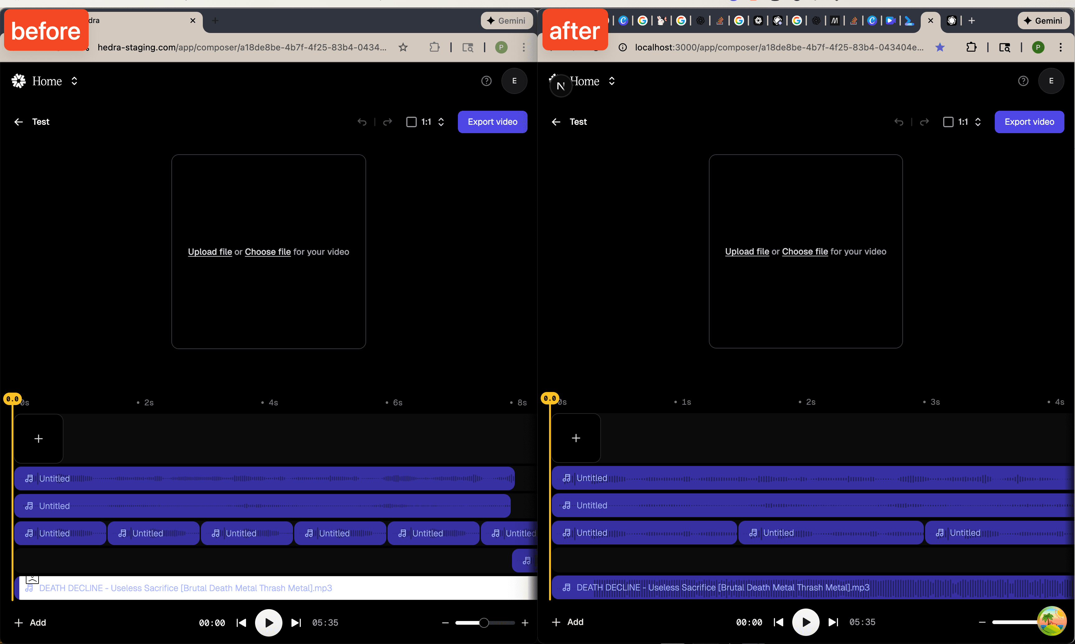 Before and after comparison of the waveform fix. Before, long audio clips render with a compressed low quality waveform. After, the tiled canvas approach renders the full waveform crisply.